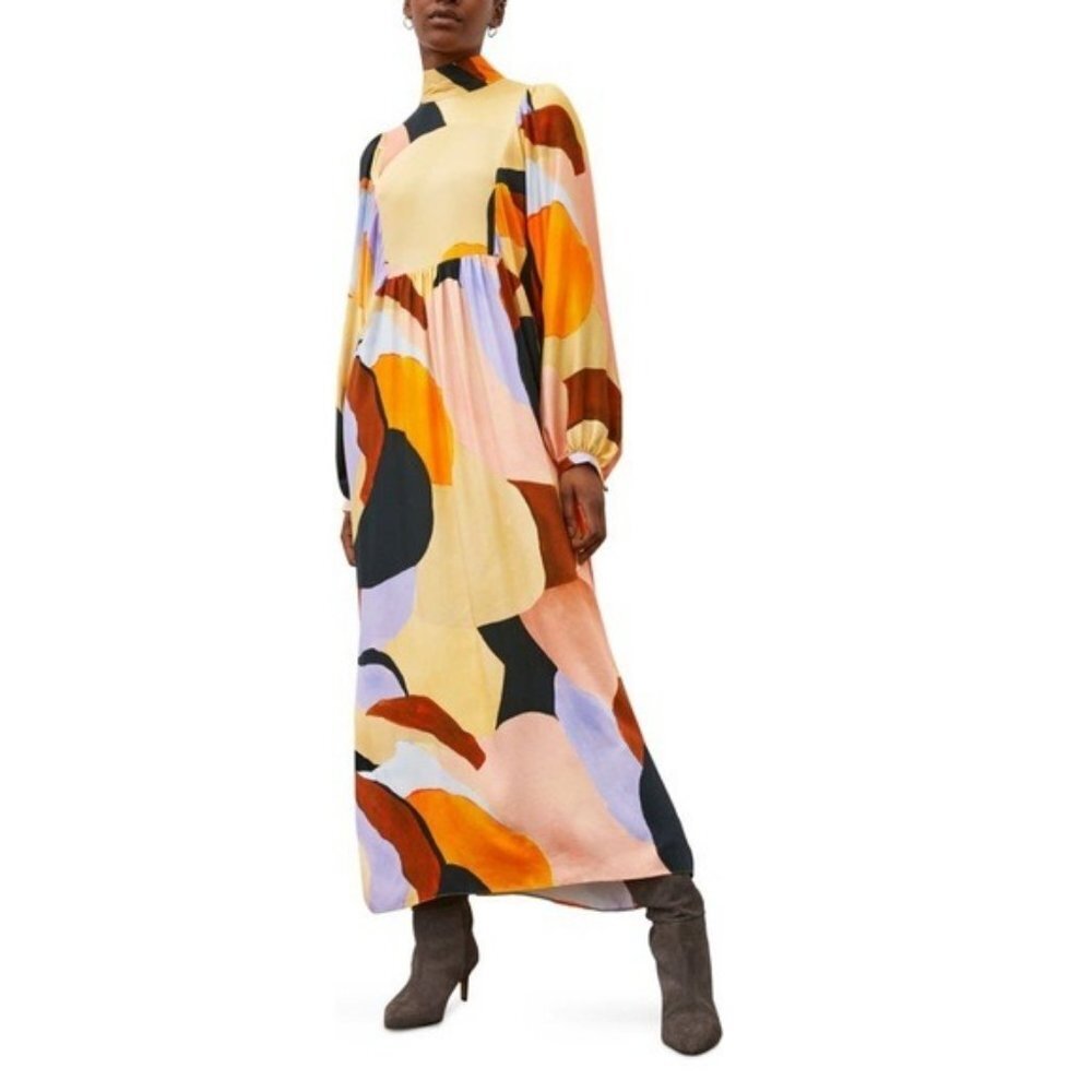 River Island Abstract Long Sleeve Maxi Dress NWT Mock Neck Back Buttons Small - Picture 1 of 4